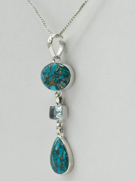 Blue Copper Turquoise -Blue Topaz Cut .925 Sterling Silver Rhodium Plated