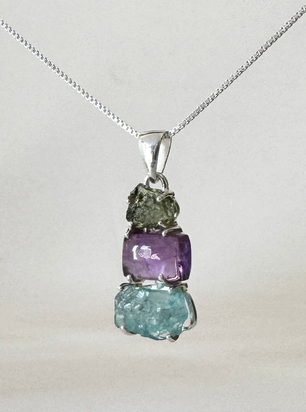 Moldavite, Amethyst, Blue Apatite Pendant